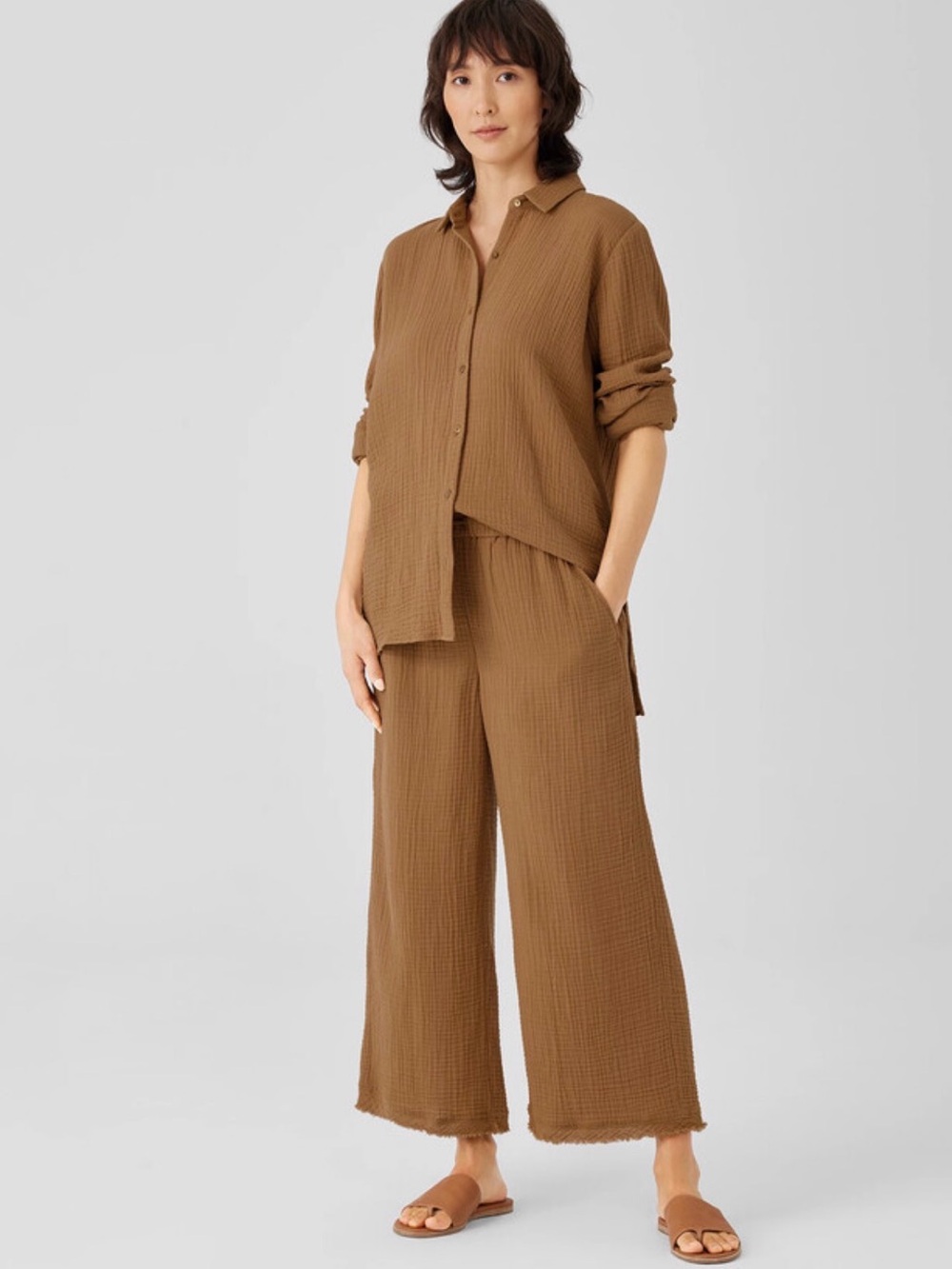 Eileen Fisher Relaxed Wide-Leg Cotton Gauze Pants set M/L